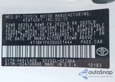 2013 Toyota Camry Xle V6 z USA, uszkodzony, nr VIN 4T1BK1FK2DU021444